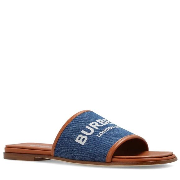 BURBERRY Carolyn Denim Logo Flat Slide Sandal Leather Slides Size 38 IT - Picture 1 of 11